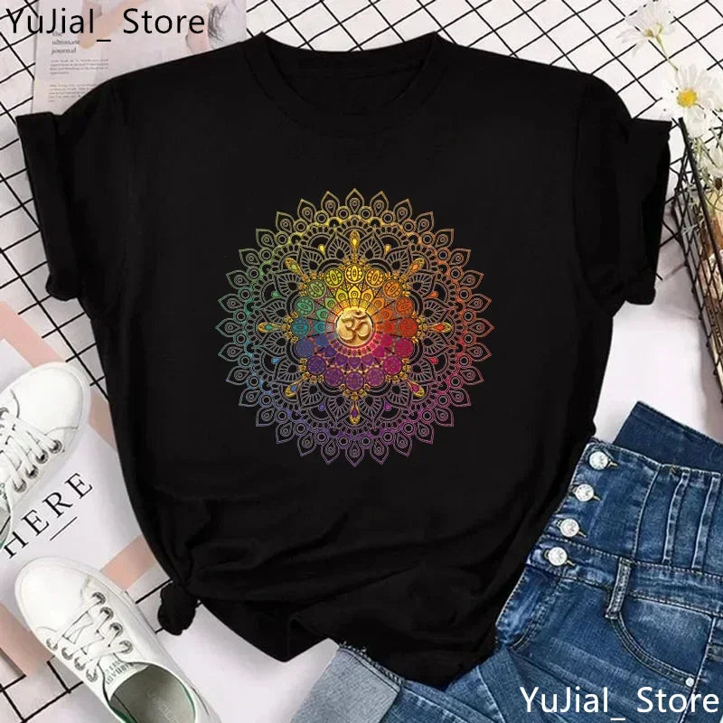 Yoga Print Tshirt Women Bird Om Aum Jade Buddha Meditation Tie Die T Shirt Femme T-Shirt Tops