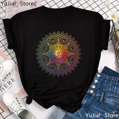 Yoga Print Tshirt Women Bird Om Aum Jade Buddha Meditation Tie Die T Shirt Femme T-Shirt Tops