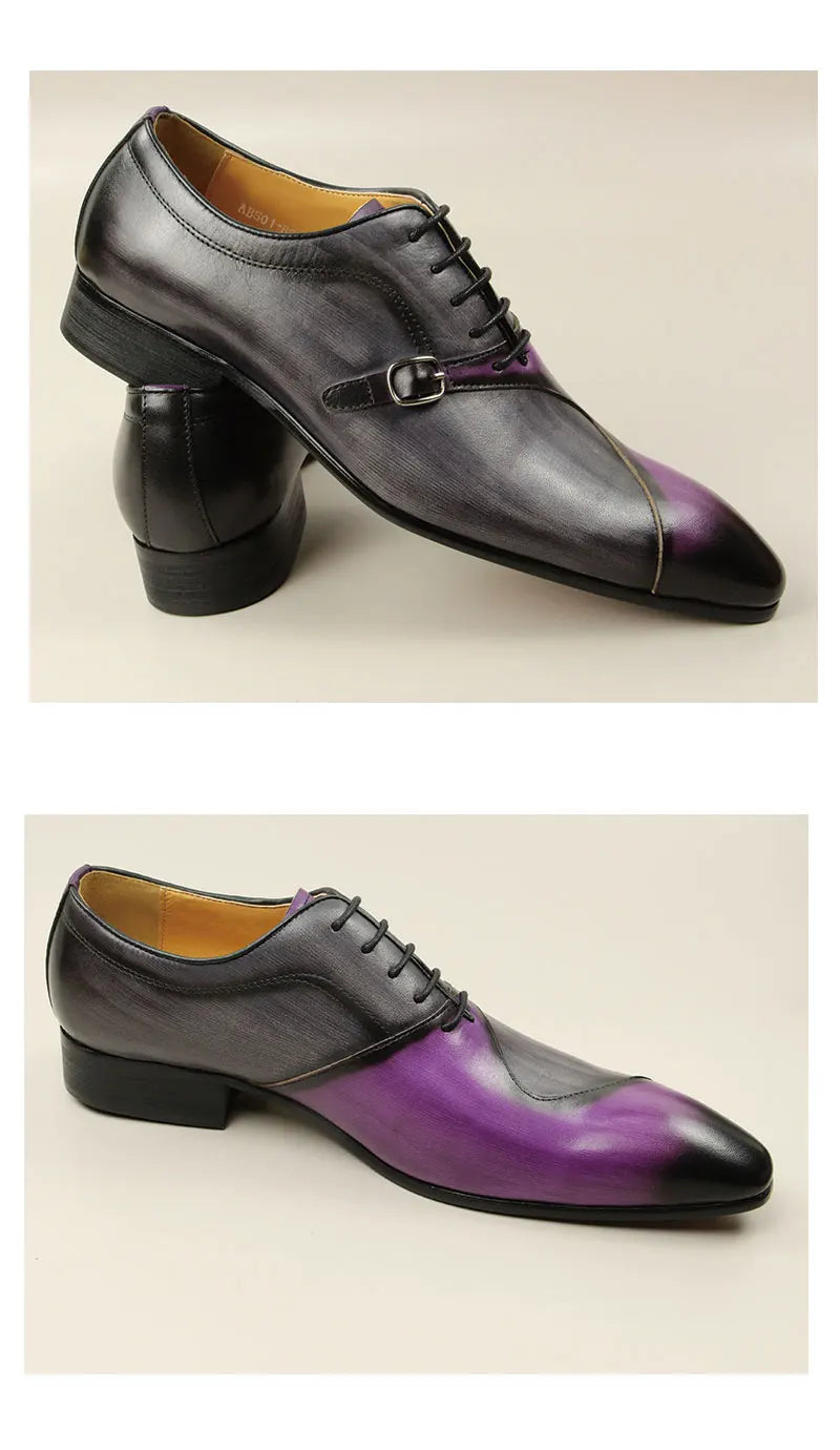 Men Leather Shoes High Quality Oxford Lace Up Side Metal Buckle Gray Purple Color Matching Handmade Business Office Formal Shoes