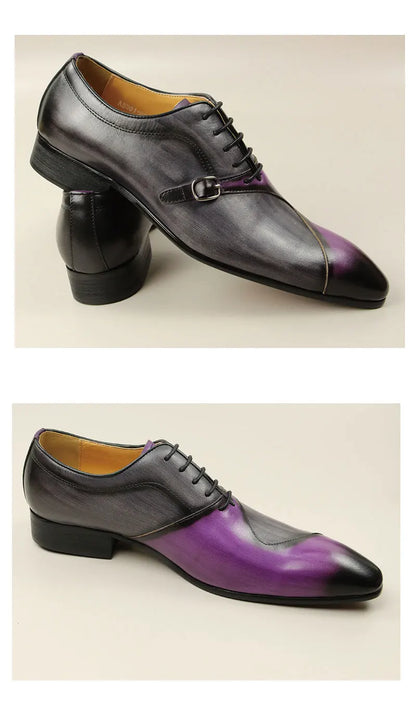 Men Leather Shoes High Quality Oxford Lace Up Side Metal Buckle Gray Purple Color Matching Handmade Business Office Formal Shoes