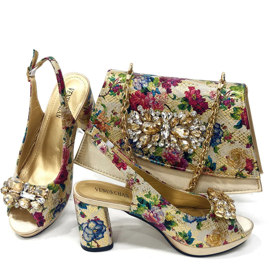 Italian Sandals and Bags Matching Set 2024 Women Heel Party for Gold Colour Wedding Bigger Size Thick Heel Shoes