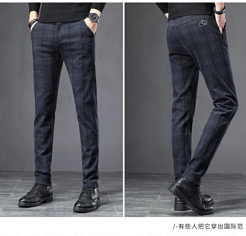 Autumn Men's Brushed Plaid Casual Pants Korean Style Gray Elastic Straight Slim Fit Fashionable Work Pants Blue and Black Male