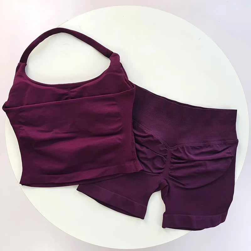 2 Pieces Sports Set Women Backless Halter Tops High Waist Seamless Hight Stretch Shorts Gym Suit Sportswear Workout Sets