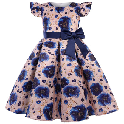 2026 summer new dress Europe and the United States small fly sleeve printed dress little girl host high-end performance clothing