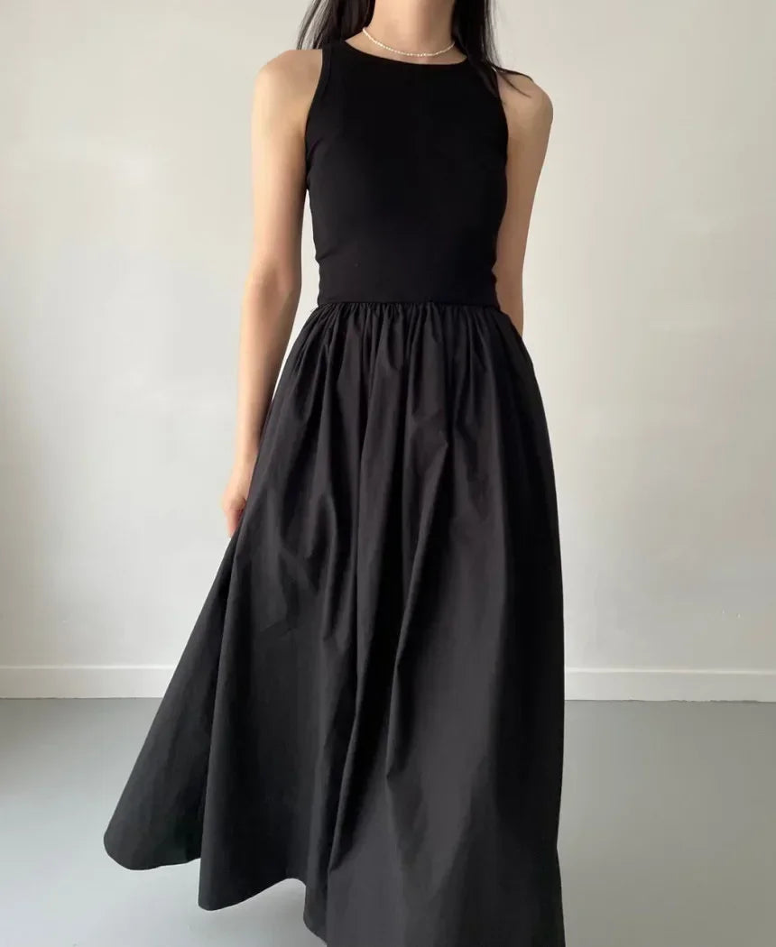 Simple Elegant Black Long Dresses For Women Round Neck Sleeveless High Waist Temperament Female Fashion Style Dress