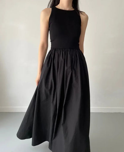 Simple Elegant Black Long Dresses For Women Round Neck Sleeveless High Waist Temperament Female Fashion Style Dress