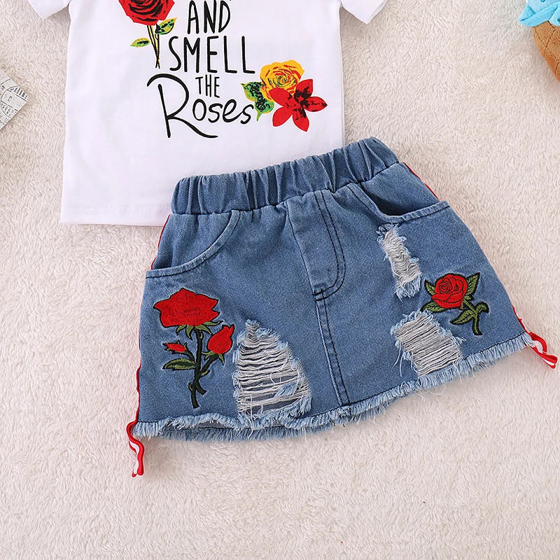 Girls Suit Summer Children's Clothes Suit Embroidery Letter Print Short sleeve+skirt Set Toddler Christmas Outfits