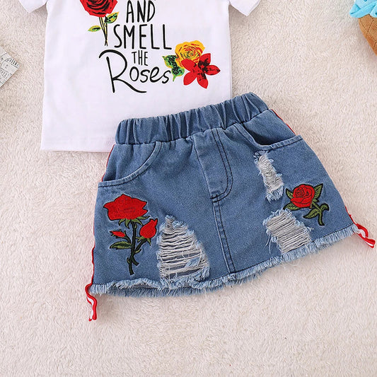 Girls Suit Summer Children's Clothes Suit Embroidery Letter Print Short sleeve+skirt Set Toddler Christmas Outfits