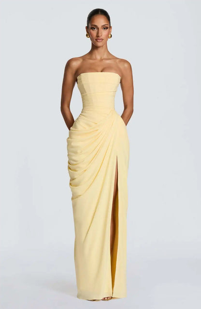 Women Sexy Solid Pleated Strapless Dress Lady Chic Off-shoulder Backless High Waist Split Dresses 2026 New Evening Party Gown