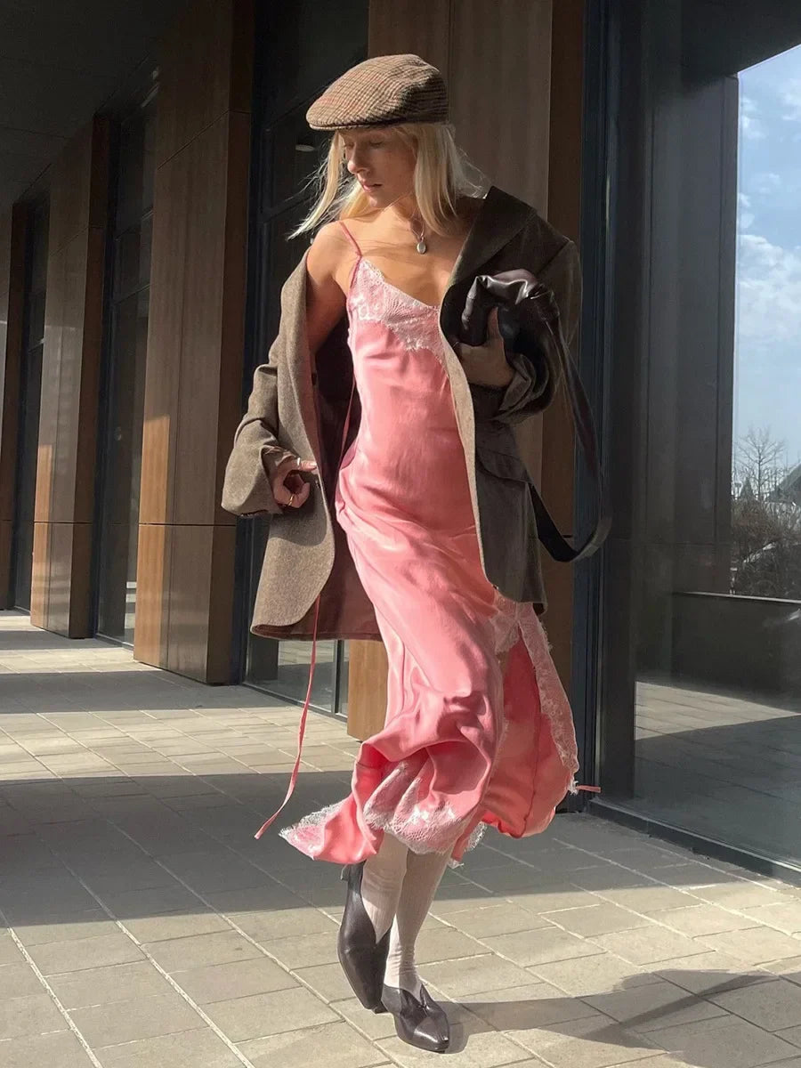 Summer New Lace Camisole Long Dress Women's Imitation Silk Sexy Split Stitch Lace Dress Women Clothing