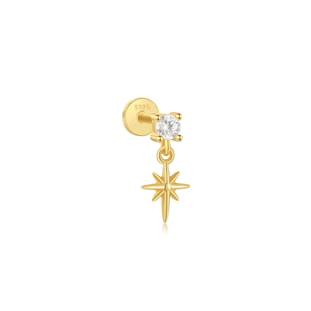 1PC Four Pointed Star Moon Tassel Lotus Cartilage Spiral Puncture 925 Sterling Silver Stud Earring For Women Ins Earring