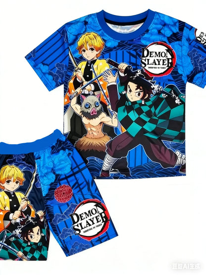 Demon Slayer Kids T-shirt Shorts Set  Anime Kimetsu Tanjiro Rengoku Zenitsu Print BoysGirls Casual Summer Outfit 2Pcs Sportswear