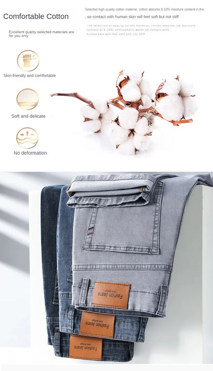 2026 Brand Thin or Thick Material Straight Cotton Stretch Denim Men's  Business Casual High Waist Light Grey Blue Jeans