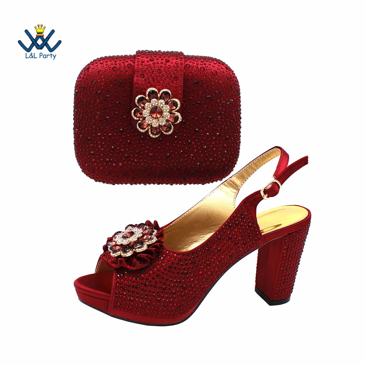 Special Design Women Crystal Style African Ladies Party Shoes Matching Bag in Magenta Color