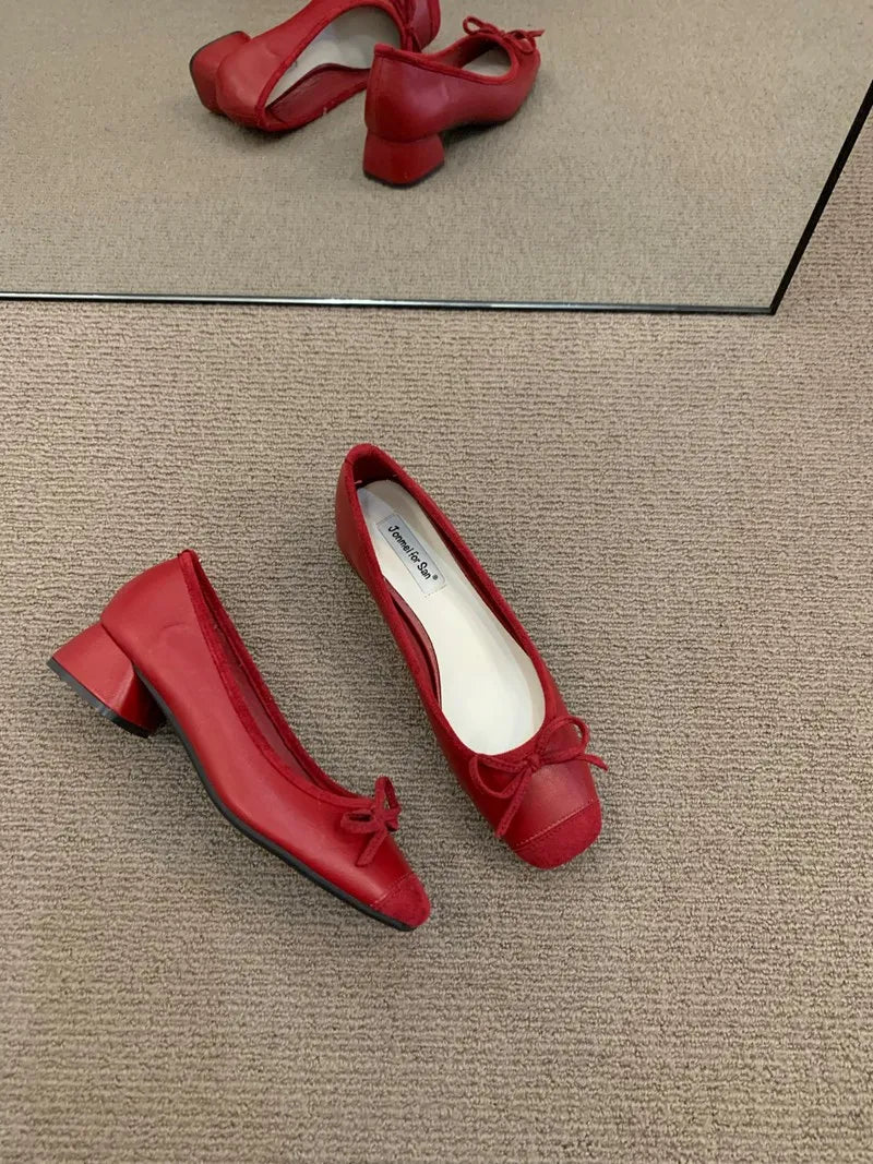 Fashion Elegant Red Ballerinas Women Pumps Slip on Loafers Round Toe Square Heels Bowknot Casual Spring Autumn Low Heel Shoes