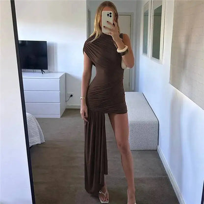 Summer Draped Ruched Sexy Mini Dress Women 2025 New Irregular High Waist Slim Fit Dress Female Elegant Club Tank Dress