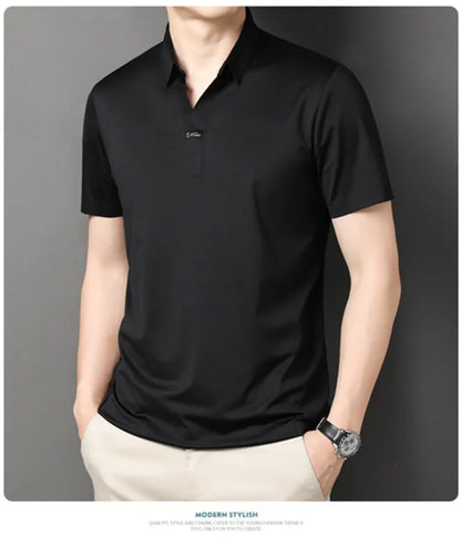 2024 High-quality Elastic Stretch POLO, Business Casual Men's Short-sleeved Shirt, Seamless V-neck M-4XL Men's Polo Shirt
