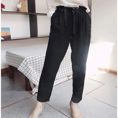 Women Long Pants 100% Mulberry Silk Belted Waist Trousers With Pockets Black Color Office Lady M0609