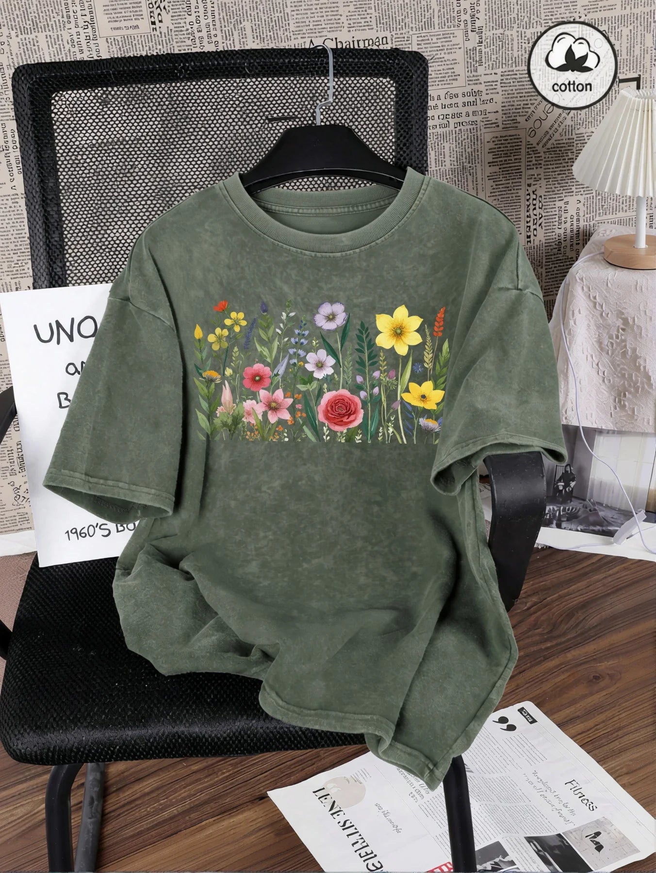 Rich Colors Simple Flowers Print Washed Female T-Shirt Summer Breathable T-Shirt Cotton Soft Short Sleeve All-Match Streetwear