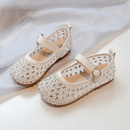Summer Toddler Girls Princess Rhinestone Mesh Mary Jane Shoes Round Toe Hook Loop Non-Slip Soft Sole Casual Daily Walking Shoes