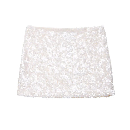 Women Y2K With Sequined Solid A-Line Mini Skirt Side Zipper High Waist Female Chic Lady Casual Skirts