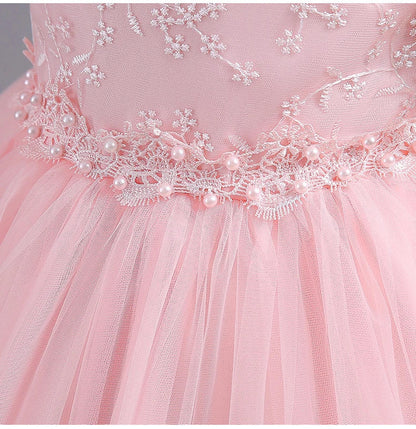 8901 Vestido Infantil para Meninas de 4 a 12 anos Princesa Lantejoulas Manga Bufante Longo Tule Florista Casamento Verão Pequeno