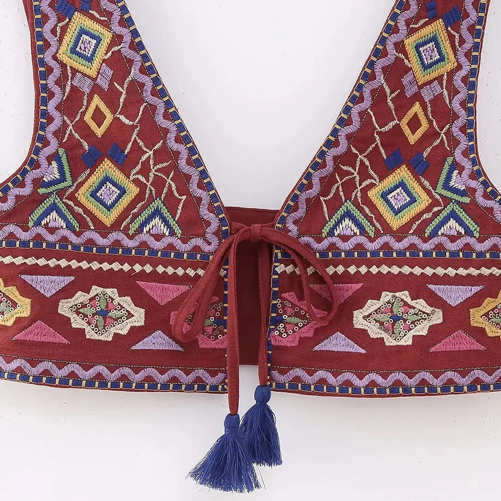 Women Fashion With Tie Tassel Embroidered Crop Tank Tops Sexy V Neck Wide Straps Female Waistcoat Chic Vest Tops