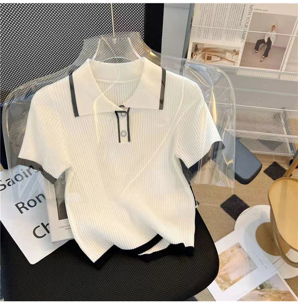 Ice silk knitted short sleeved T-shirt for women's summer 2024 new fashionable and stylish polo shirt top