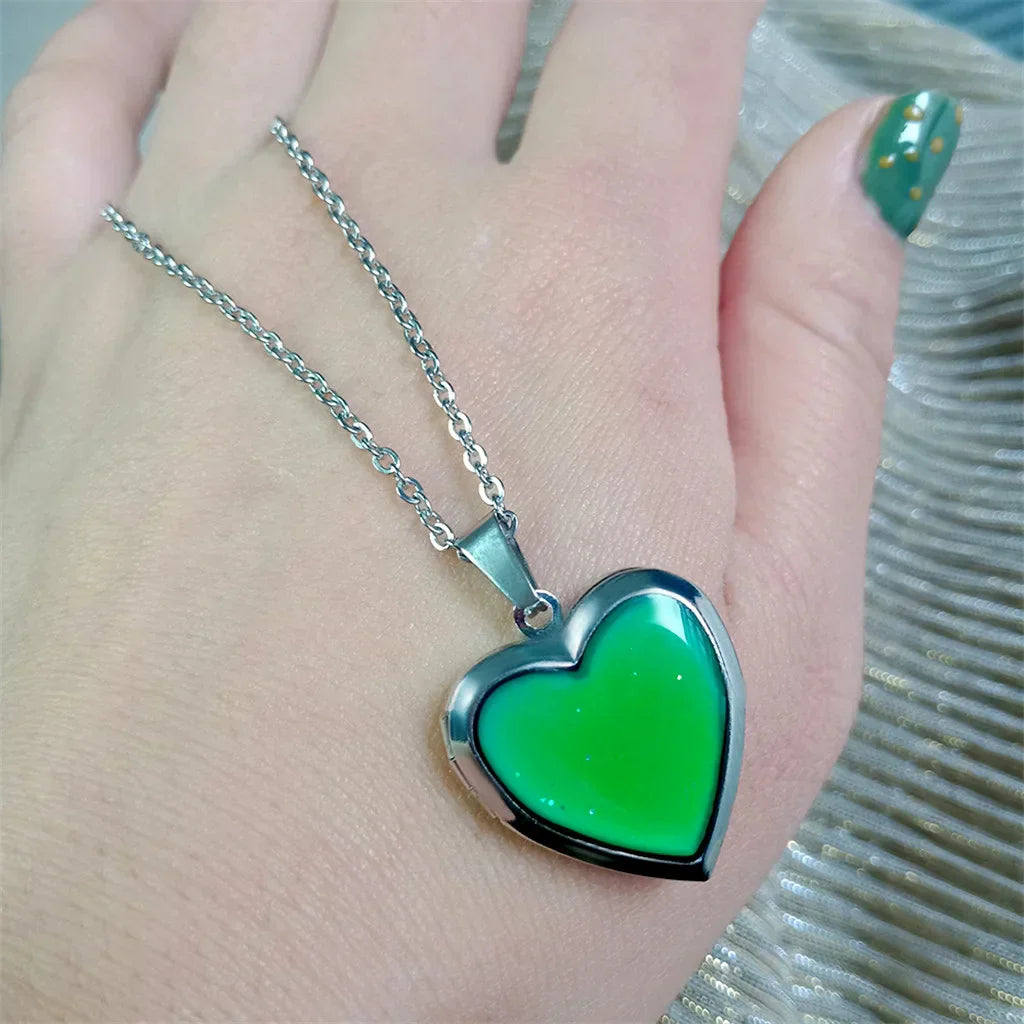 Heart Mood Locket Necklace Color Changing Necklace Temperature Mood Stainless Steel Love Shape Photo Pendant Necklace Jewelry