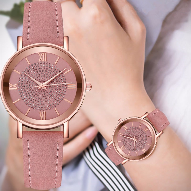 Women Watch Ladies Rhinestone Dial Wristwatch Leather Band Quartz Watches Gifts