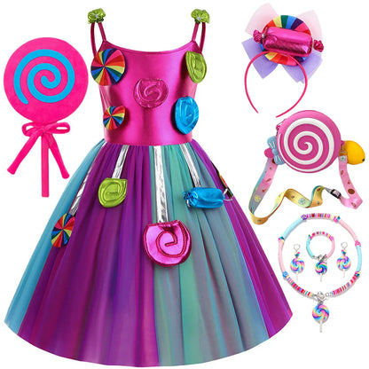 2026 New Candy Dress For Baby Girl Purim Carnival Birthday Costume Fancy Rainbow Short Sleeve Cute Dress + Accessories Set