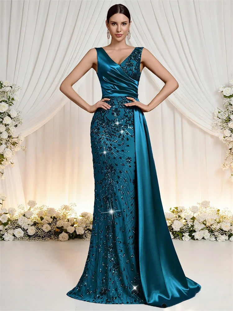 Elegant V-neck Splice Ribbons Sequins Evening Dresses Woman Sleeveless Mermaid Formal Luxury Wedding Party Prom