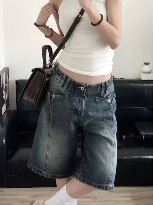 Y2K Vintage Women Denim Shorts Baggy High Waist Korean Wide Leg Jorts Casual Oversize Washed Jeans Streetwear Summer
