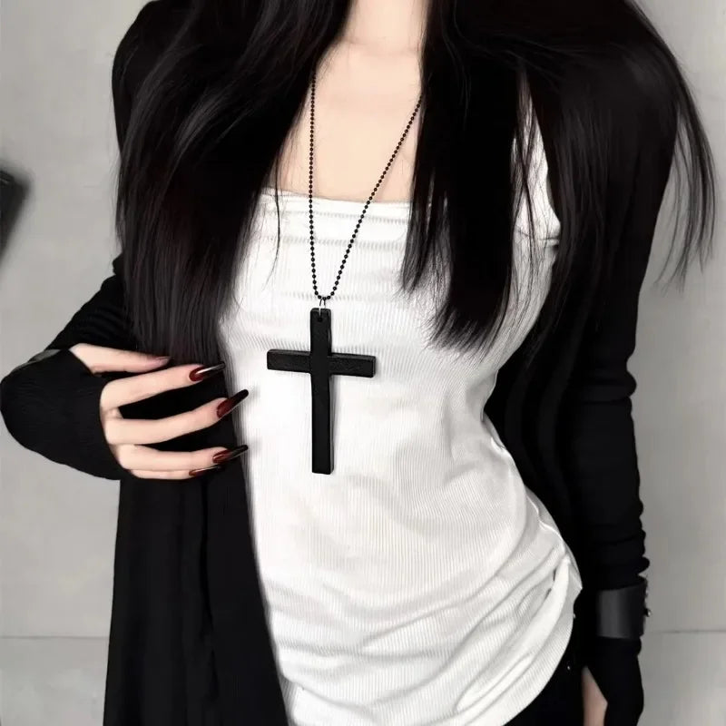 New Gothic Cool Y2K Wood Cross Pendants Necklaces Unisex Black White Red Hip Hop Charm Chain Choker Necklace Fashion Jewelry