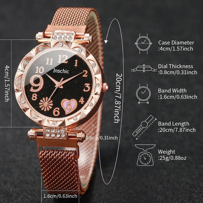 2PCS Fashion Women's Watches Set Magnet Buckle Mesh Strap Analog Quartz Watch Star Bracelet Set Reloj Mujer