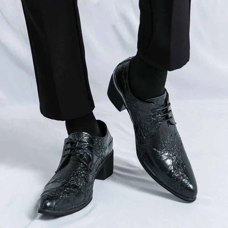 Men High Heeled Lace Up Derby Shoes PU Embossed Fashionable  Comfortable Business Formal Banquet Men Shoes