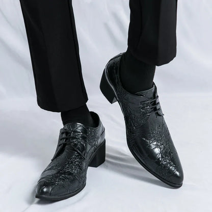 Men High Heeled Lace Up Derby Shoes PU Embossed Fashionable  Comfortable Business Formal Banquet Men Shoes
