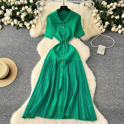 Fashion Elegant Patchwork Knitted Maxi Dress 2025 Summer Lady Turn-down Collar Shirt Sweater Dress Party Vestidos