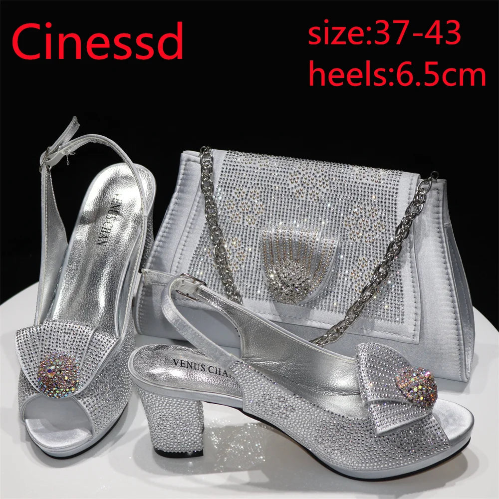 Square Heels with Platform Peach Color Nigeian Women Shoes and Bag Set Full Crystal Pumps for Christmas Dinner