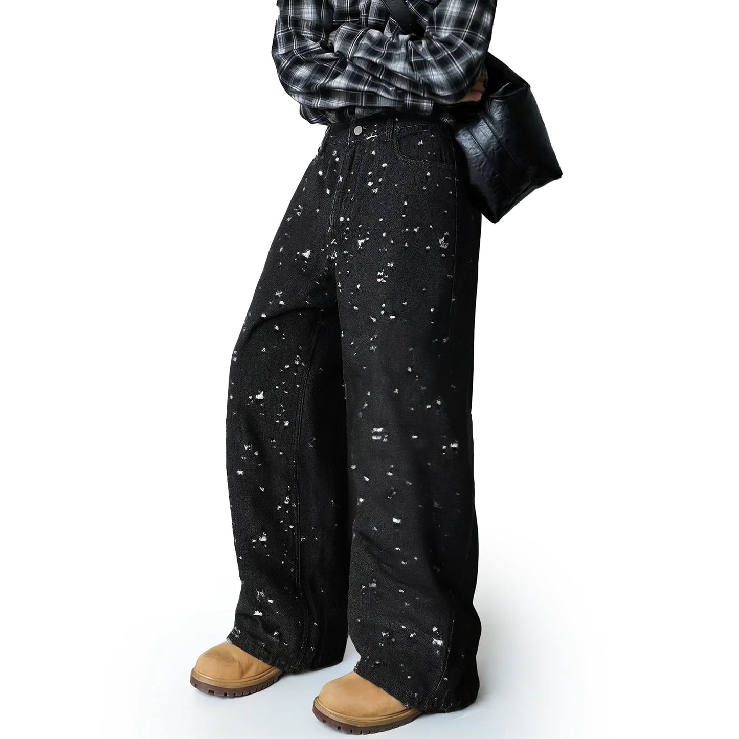 Japanese-Korean Style Baggy Jacquard Wide-leg Jeans American Retro Distressed Crochet Fabric Wide-leg Denim Pants Unisex