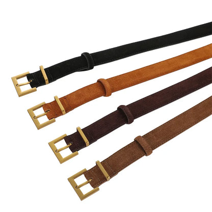 Trendy Cowhide Suede Belt for Women Casual Jeans Dress, Genuine Leather Belts with Square Alloy Buckle Waistband