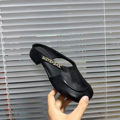 Women's Stylish Genuine Leather Mule Loafers with Metal Buckle Low Heel Slip On Flats Casual Driving Shoes