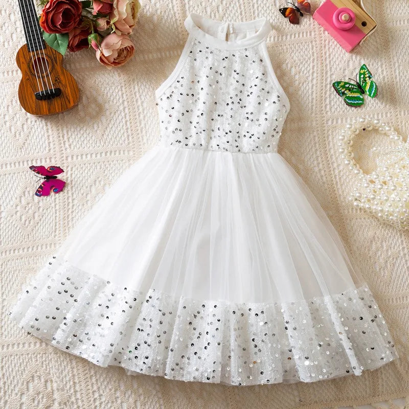 Girl Party Princess Dress Summer Sequin Tulle Dress Elegant Party Red/Pink/White Dresses 3-7Y for Wedding Birthday Holiday Gift