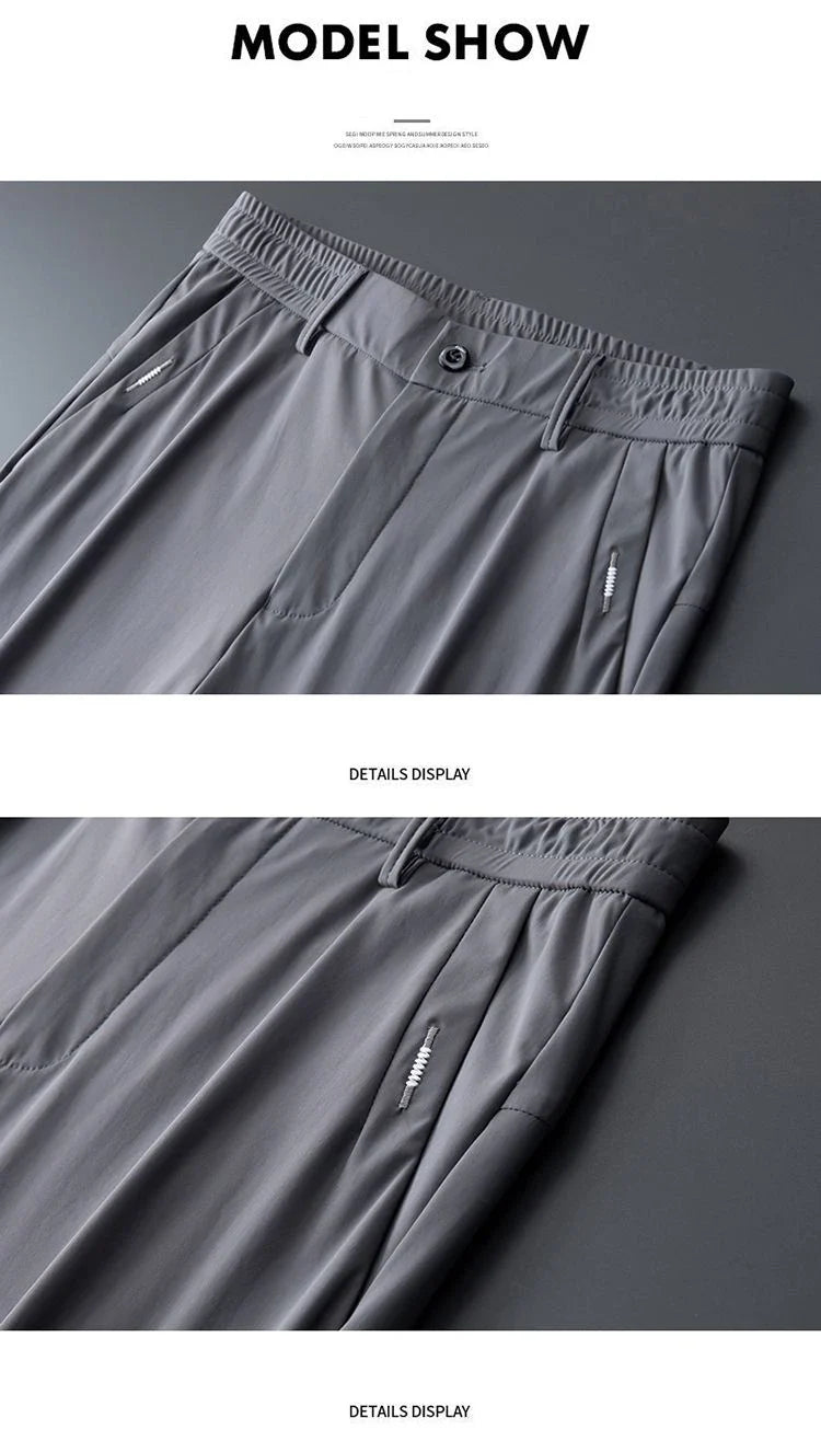 Ultra-thin Elastic Men's Casual Trousers Summer Quick-drying Ice Silk Slim Straight Business Solid Color Trousers Black Gray