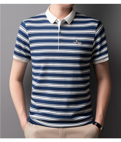 2025 Summer New Men's Polo Shirt Business Casual Collar Short Sleeve Men's Fashion Printed Stripe Half Sleeve Top