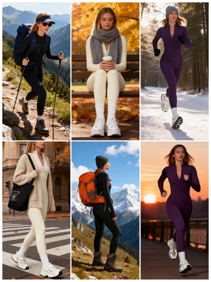 VITALINOVO Women Fleece Lined Workout Jumpsuits Long Sleeve Zip Up Yoga Romper Winter Warm Thermal One Piece Bodycon Bottom Pant