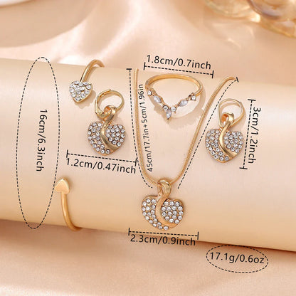 Ladies Watch 6pcs/Set Women's Fashion Heart Necklace Earings Bracelet Rings Jewelry Set Shaped Rhinestone Quartz Watch Set Watch