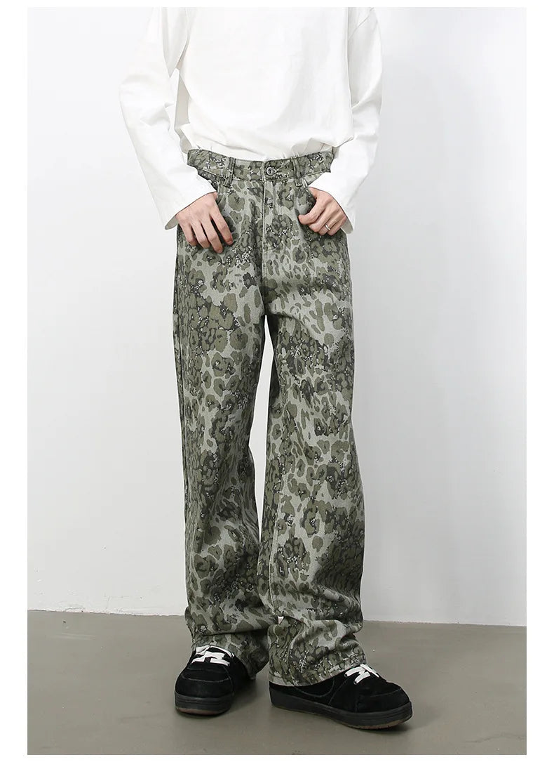 Tide Camouflage Jeans Men's Ins Loose Straight Wide Leg Casual Denim Pants Loose Male Trousers 12C2036