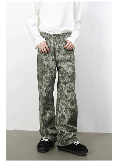 Tide Camouflage Jeans Men's Ins Loose Straight Wide Leg Casual Denim Pants Loose Male Trousers 12C2036