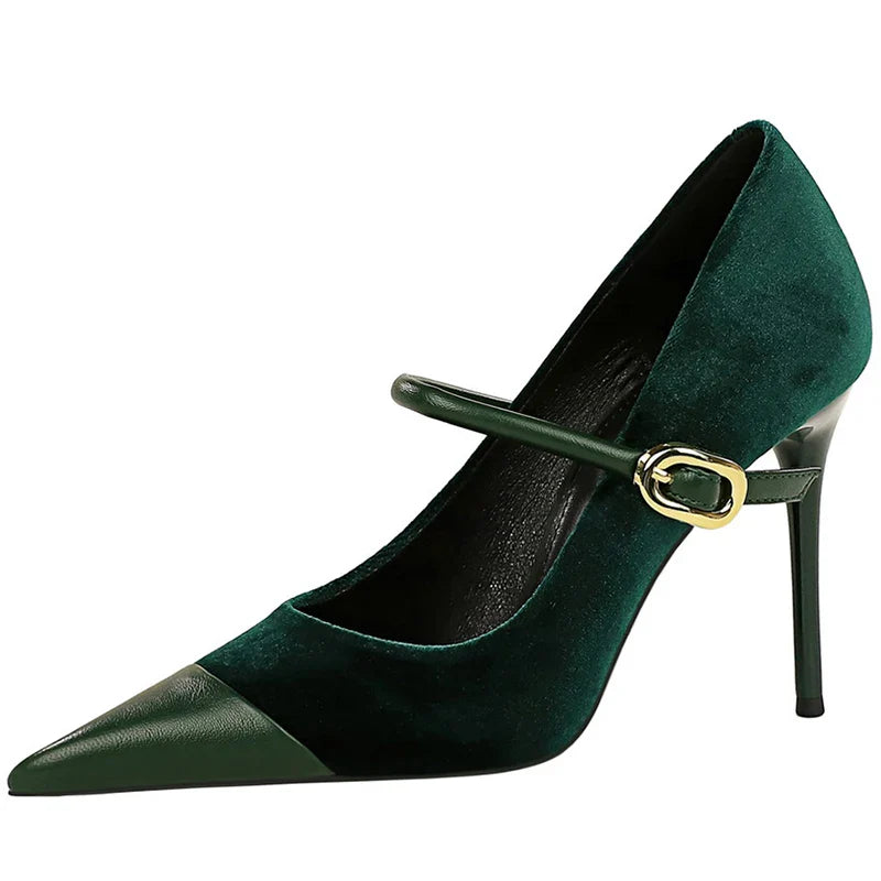 Korean Version Party 10cm 7cm High Heels Women Shoes Thin Heels Velvet Shallow Montage Pointed Toe Metal One-line Buckle Pumps